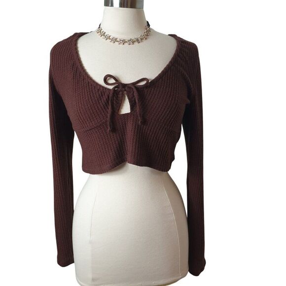 Aeropostale Womens Cropped Sweater XL Brown Ribbed Tie-Front Butter Soft Cottage - Picture 1 of 8